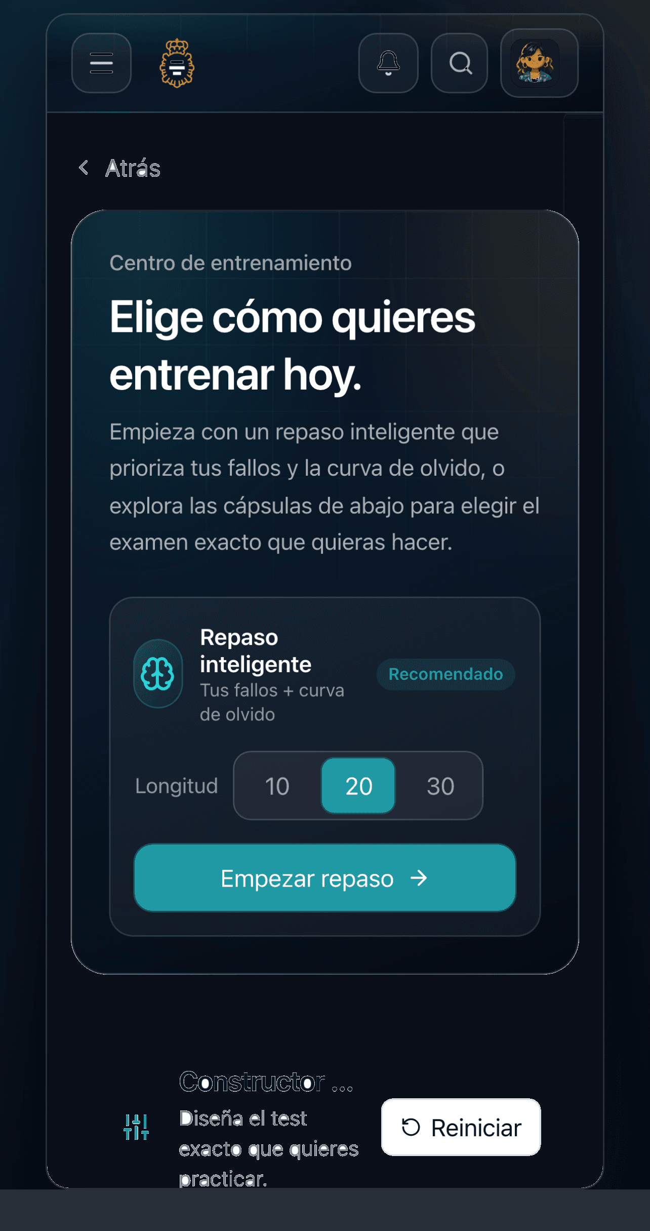 Modo de entrenamiento con tests y psicotécnicos