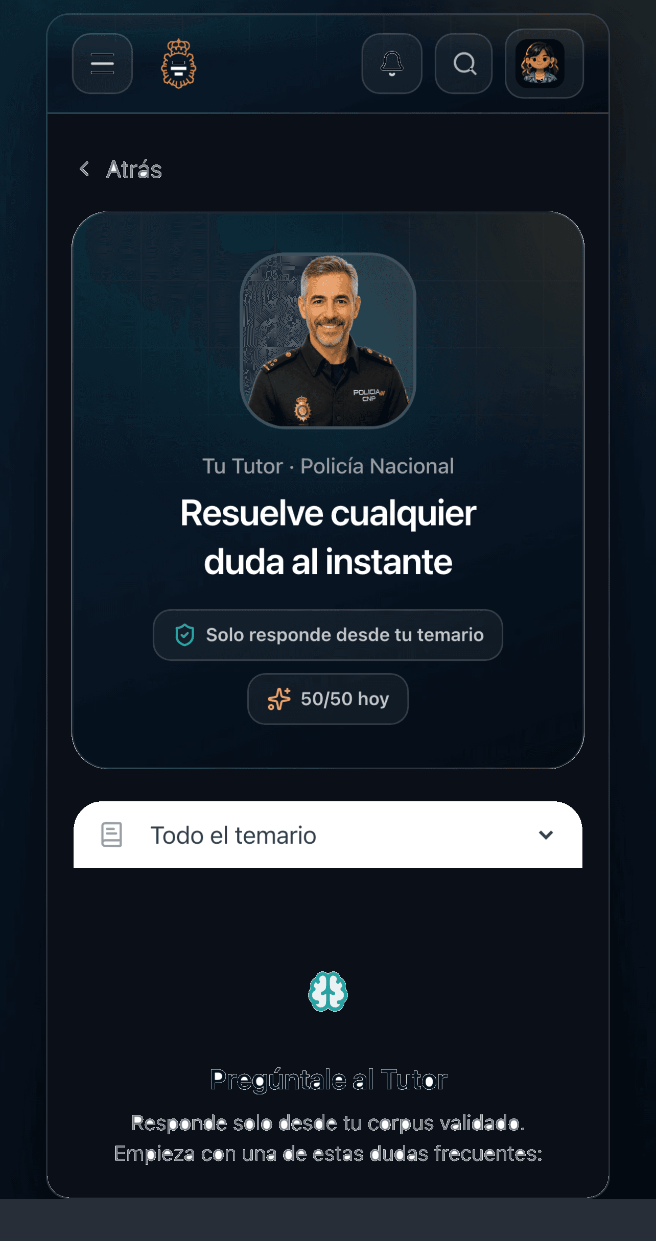 Tutor de la app que solo responde desde el temario oficial de Policía Nacional