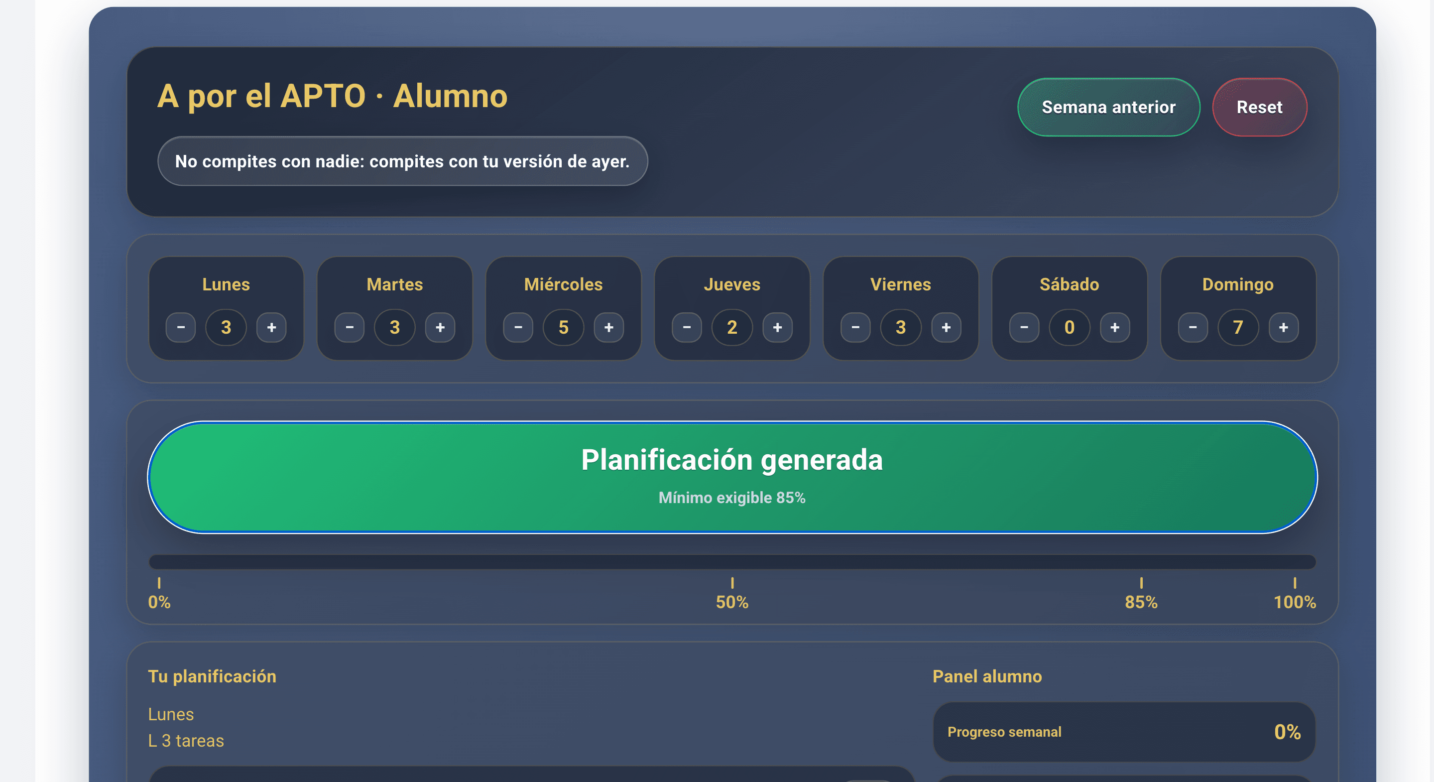 Generador de planificación semanal según los días disponibles