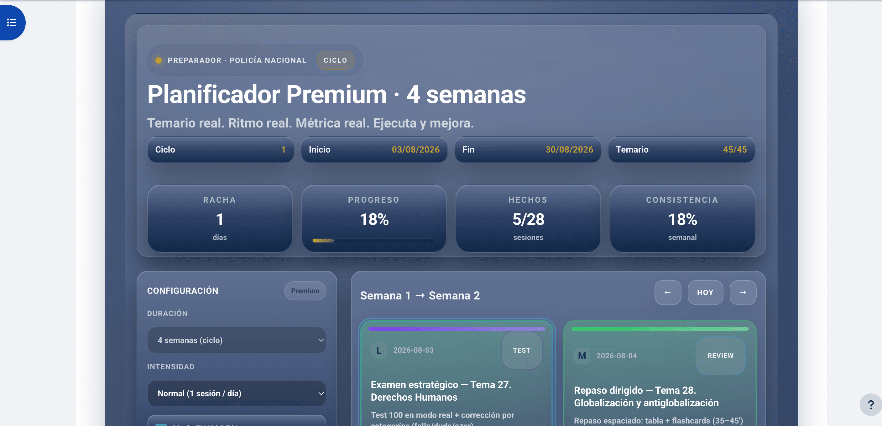 Planificador Premium de cuatro semanas con racha y progreso